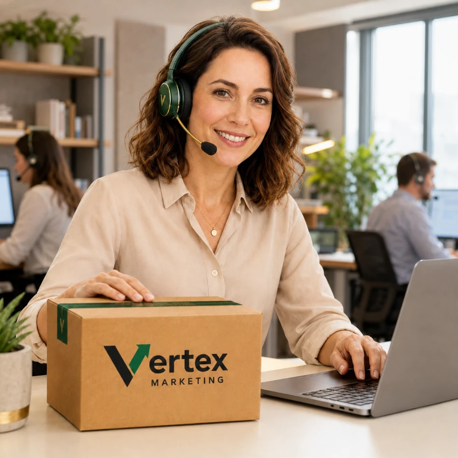An Inno Lifestyle support agent with a headset at her desk