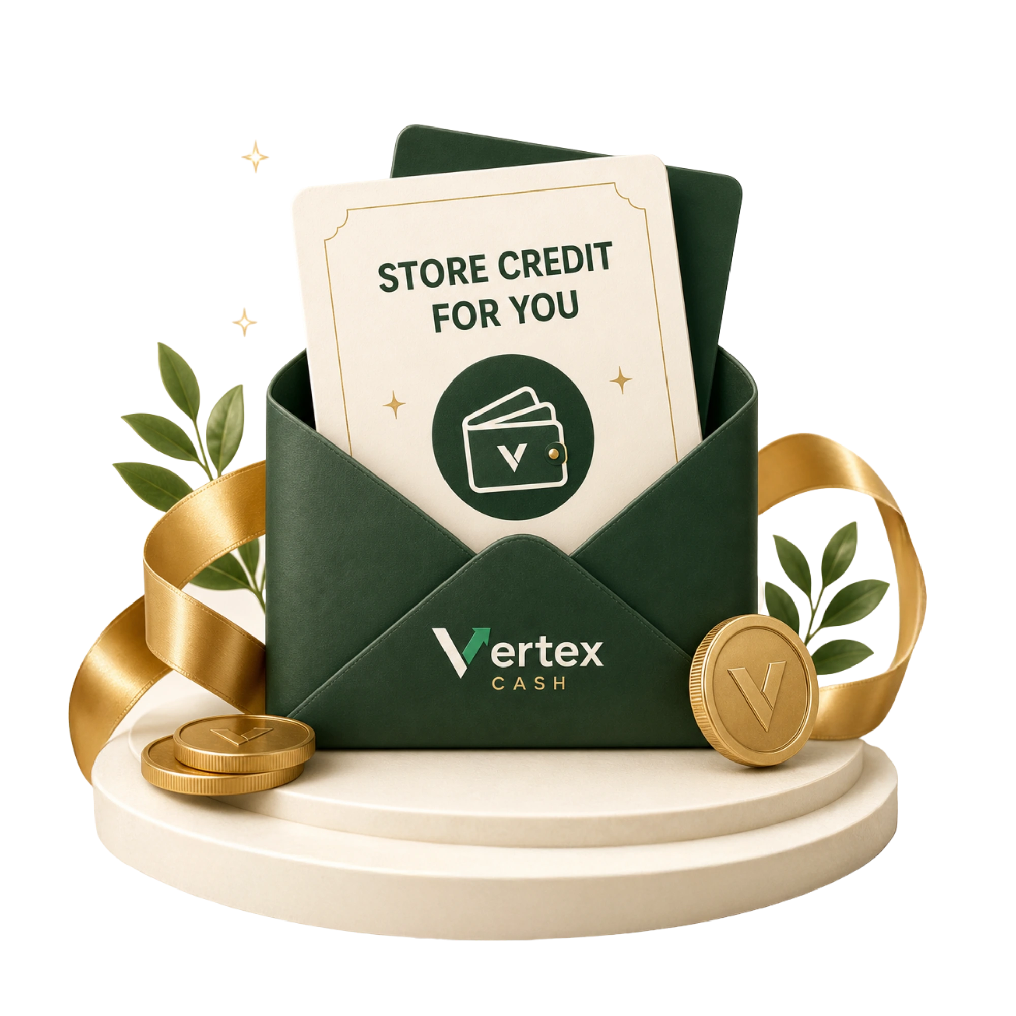 Rewards Cash envelope holding a store credit card, gold coins and ribbon